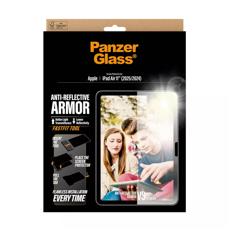Aizsargstikls PanzerGlass Anti-Reflective Armor iPad Air 11 collu (2024–2026) Ultra-Wide Fit ar Fastfit rīku, PET/Silikons