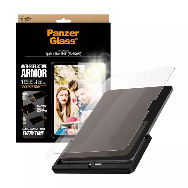 Aizsargstikls PanzerGlass Anti-Reflective Armor iPad Air 11 collu (2024–2026) Ultra-Wide Fit ar Fastfit rīku, PET/Silikons