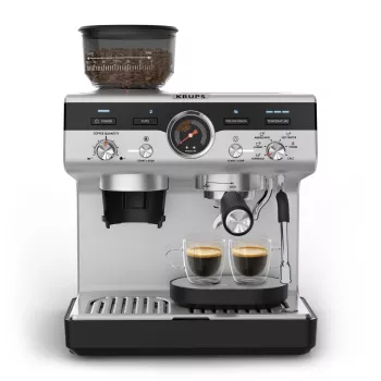 Kafijas automāts KRUPS XP801T pusautomātisks ar iebūvētu dzirnaviņām, 3 L ūdens tvertne, 2 krūzes, melns/nerūsējošais tērauds