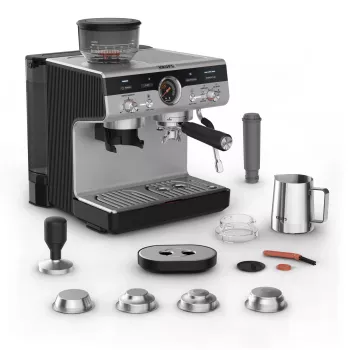 Kafijas automāts KRUPS XP801T pusautomātisks ar iebūvētu dzirnaviņām, 3 L ūdens tvertne, 2 krūzes, melns/nerūsējošais tērauds