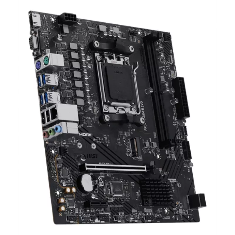 Mātesplate MSI PRO A620AM-B EVO ATX — AMD A620A, ligzda AM5, DDR5 2× DIMM līdz 128 GB, 5 Gb Ethernet, M.2 un SATA III, HDMI 2.1