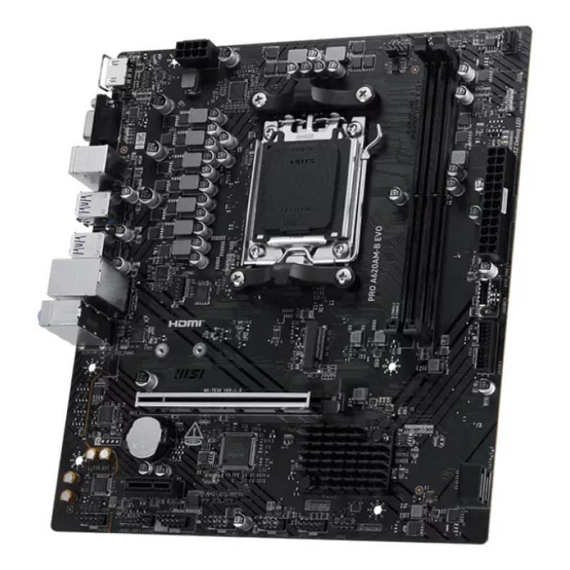 Mātesplate MSI PRO A620AM-B EVO ATX — AMD A620A, ligzda AM5, DDR5 2× DIMM līdz 128 GB, 5 Gb Ethernet, M.2 un SATA III, HDMI 2.1