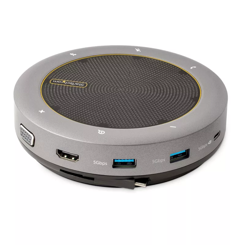 StarTech.com USB-C skaļruņu un mikrofona dokstacija, portatīvā konferences skaļruņa un audio doka, USB-C uz VGA/4K HDMI, 2x USB-A centrmezgls, mikrofons/skaļrunis, Teams/Zoom/softphone skaļrunis