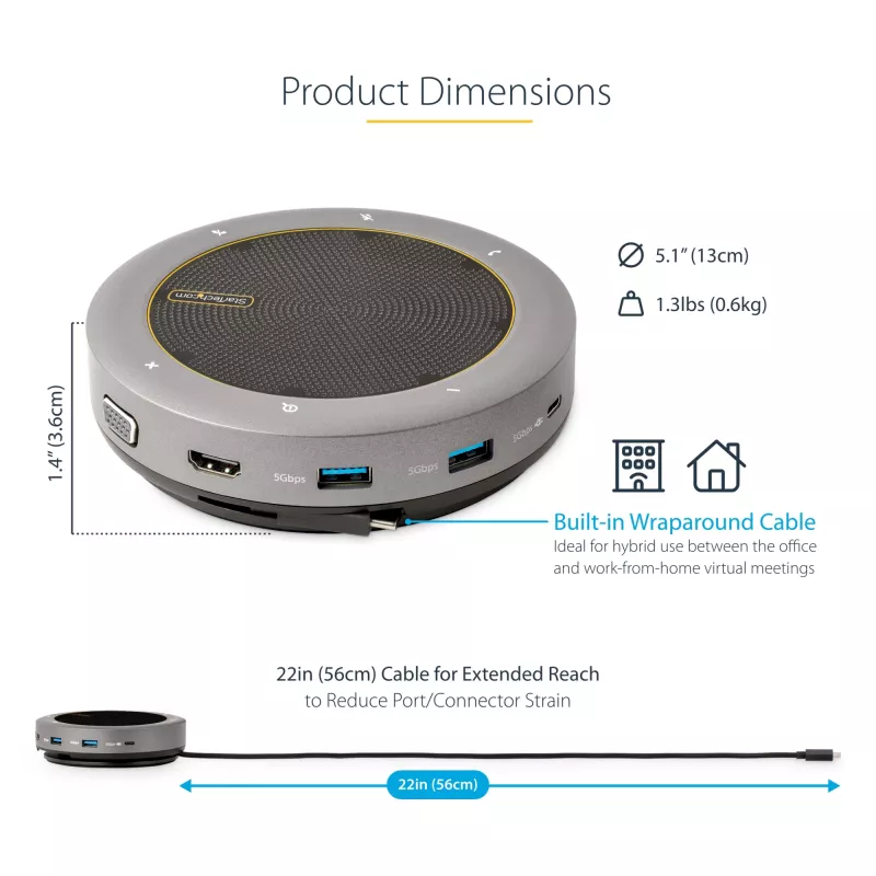 StarTech.com USB-C skaļruņu un mikrofona dokstacija, portatīvā konferences skaļruņa un audio doka, USB-C uz VGA/4K HDMI, 2x USB-A centrmezgls, mikrofons/skaļrunis, Teams/Zoom/softphone skaļrunis