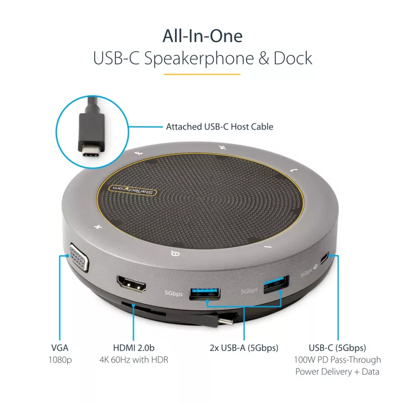 StarTech.com USB-C skaļruņu un mikrofona dokstacija, portatīvā konferences skaļruņa un audio doka, USB-C uz VGA/4K HDMI, 2x USB-A centrmezgls, mikrofons/skaļrunis, Teams/Zoom/softphone skaļrunis
