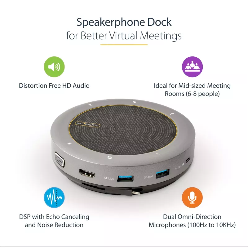 StarTech.com USB-C skaļruņu un mikrofona dokstacija, portatīvā konferences skaļruņa un audio doka, USB-C uz VGA/4K HDMI, 2x USB-A centrmezgls, mikrofons/skaļrunis, Teams/Zoom/softphone skaļrunis