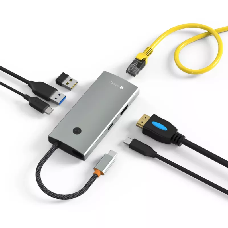 Techly IUSB32C-HUB6HPDI USB-C centrmezgls 6 portu, 4K HDMI, Ethernet, alumīnija korpuss