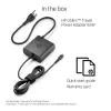 HP USB-C ceļojumu tīkla adapteris 65W — kompakts 100–240V iekštelpu lādētājs, melns, 74×74×28.5 mm