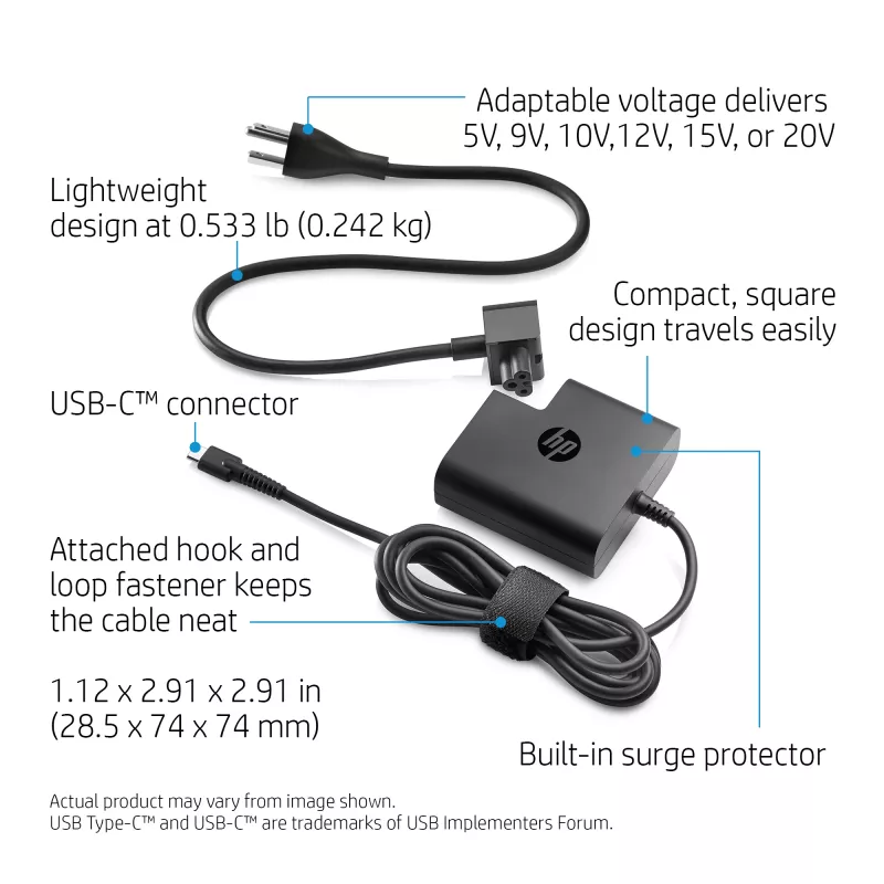 HP USB-C ceļojumu tīkla adapteris 65W — kompakts 100–240V iekštelpu lādētājs, melns, 74×74×28.5 mm