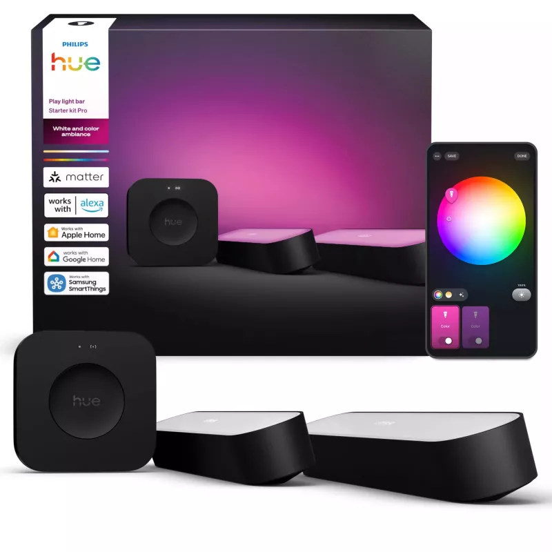 Philips Hue Play gaismas stieņu komplekts — 2 Play stieņi + Hue Bridge Pro, Bluetooth, melns, C tipa spraudnis