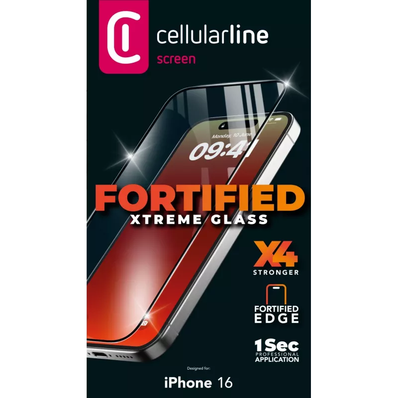 Cellularline Fortified Xtreme Glass aizsargstikls iPhone 16 – pastiprinātas malas, triecienizturīgs, viegli uzliekams