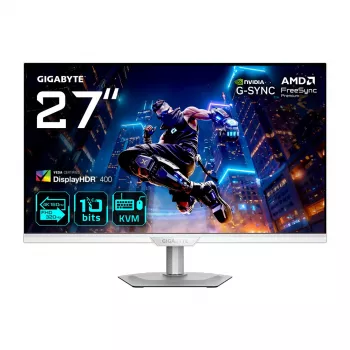 27 collu GIGABYTE M27UP ICE 4K UHD spēļu monitors — 3840×2160, Dual Mode 4K 160Hz / FHD 320Hz, 1 ms, 350 cd/m², HDMI 2.1, DP 1.4