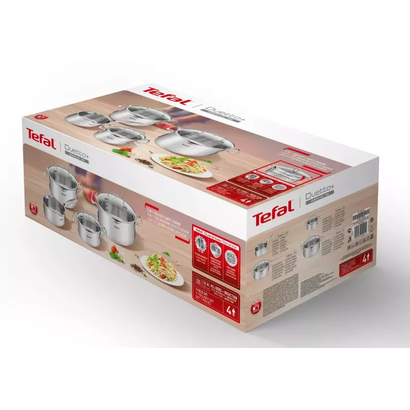 Katlu komplekts Tefal Duetto+ G719S7, nerūsējošais tērauds, 7 gab. (katliņi Ø16/20/24 cm, kastrolis Ø16 cm), indukcija, vāki, cepeškrāsns līdz 250°C