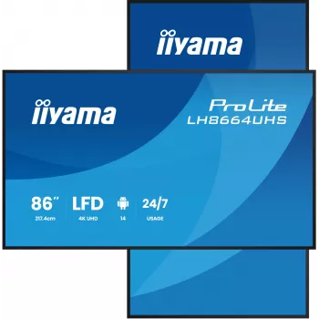 Digitālo zīmju plakanais panelis IIYAMA LH8664UHS-B3AG — 85.6 collas (2.17 m) 3840x2160 4K IPS, 450 cd/m², Wi‑Fi, Android, 24/7, Melns