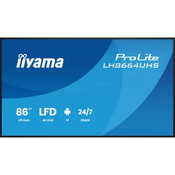 Digitālo zīmju plakanais panelis IIYAMA LH8664UHS-B3AG — 85.6 collas (2.17 m) 3840x2160 4K IPS, 450 cd/m², Wi‑Fi, Android, 24/7, Melns