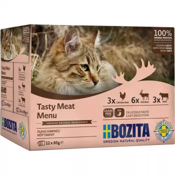 Slapjā barība kaķiem BOZITA 9116321 12×85 g — graudus nesaturošas porcijas ar liellopu gaļu, brieža gaļu un vistas aknām