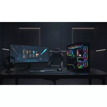 PC korpuss MODECOM VOLCANO STELLAR PLUS MIDI MELNS — mid-tower ATX, rūdīts stikls, USB-C, atbalsta līdz 420 mm GPU