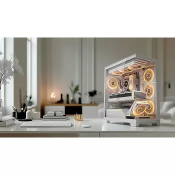 Korpuss MODECOM VOLCANO STELLAR PLUS MIDI BALTS — Midi Tower, microATX, rūdīts stikls, USB-C, atbalsta GPU līdz 420 mm