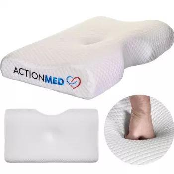 Ortopēdiskais spilvens ActionMed PO200AM — anatomisks putu spilvens galvai un kaklam, 590×350 mm, maksimālais augstums 11 cm, noņemams pārvalks