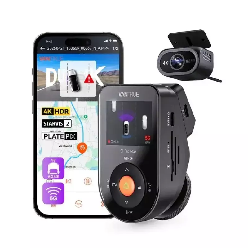 Auto videoreģistrators VANTRUE S1PRO MAX — kompakts 2-kanālu 4K ieraksts, F/1.8, 155°, Wi‑Fi, GPS, 2 inch displejs, parkošanās režīms, microSD līdz 1 TB