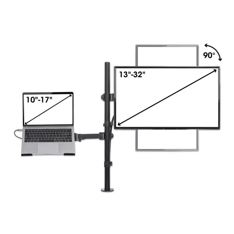 Manhattan Desk Mount monitora un klēpjdatora kombinētais stiprinājums (Full Motion), 10-27 inch monitors, līdz 17 inch klēpjdators, skavas montāža, VESA 75x75 un 100x100mm, max 8kg