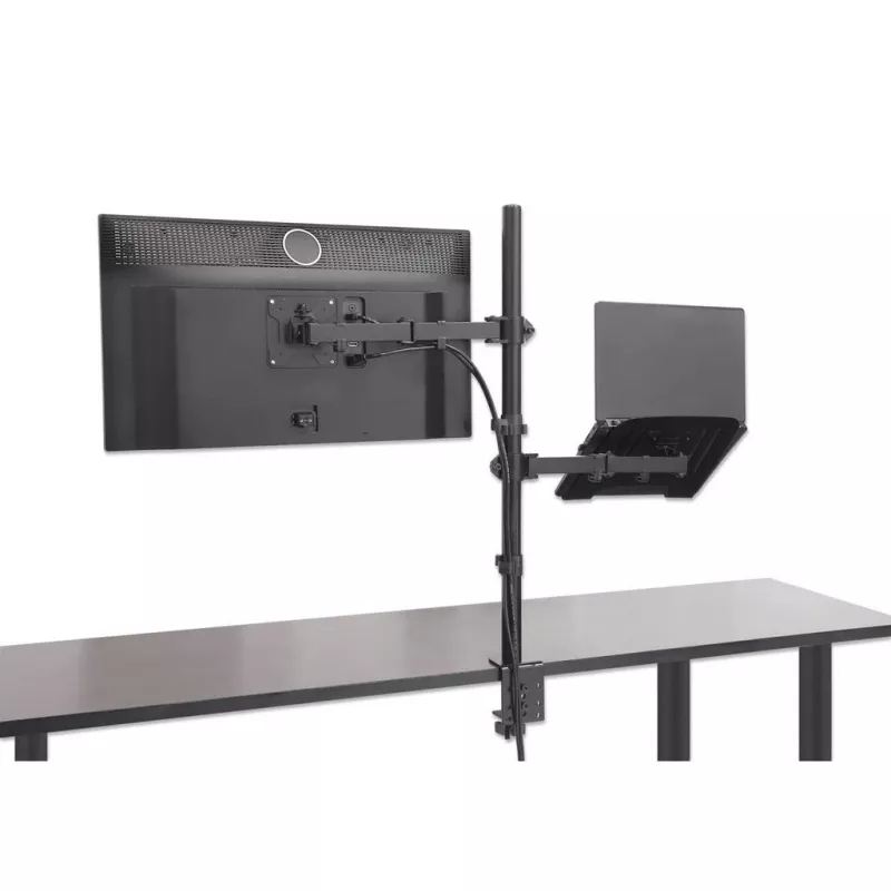 Manhattan Desk Mount monitora un klēpjdatora kombinētais stiprinājums (Full Motion), 10-27 inch monitors, līdz 17 inch klēpjdators, skavas montāža, VESA 75x75 un 100x100mm, max 8kg