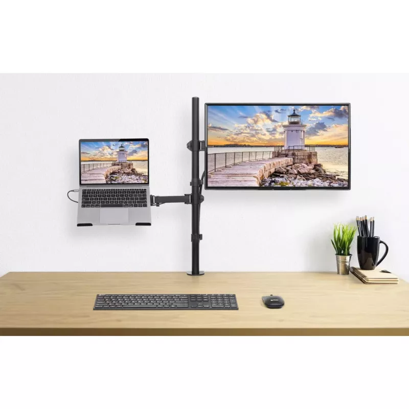 Manhattan Desk Mount monitora un klēpjdatora kombinētais stiprinājums (Full Motion), 10-27 inch monitors, līdz 17 inch klēpjdators, skavas montāža, VESA 75x75 un 100x100mm, max 8kg