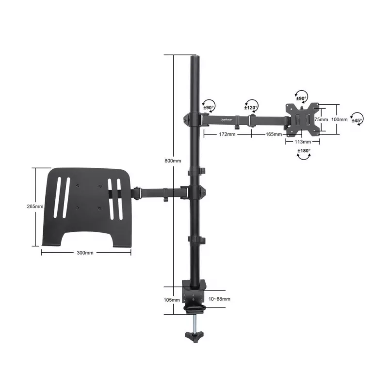 Manhattan Desk Mount monitora un klēpjdatora kombinētais stiprinājums (Full Motion), 10-27 inch monitors, līdz 17 inch klēpjdators, skavas montāža, VESA 75x75 un 100x100mm, max 8kg