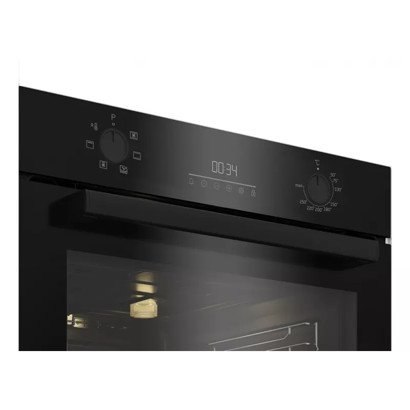 Iebūvējamā elektriskā cepeškrāsns BEKO BBIE123001BD — 72 L, 2400 W, LED displejs, ievelkami rokturi, tvaika pašattīrīšanās, melna