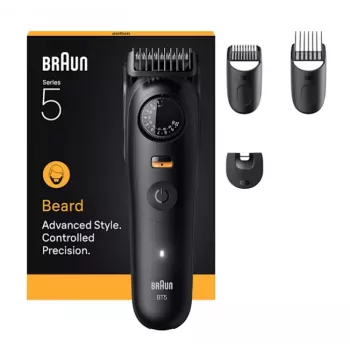 Bārdas trimmeris BRAUN BT5520 — 0,5–20 mm, 40 garuma soļi, uzlādējams, 120 min akumulators, melns