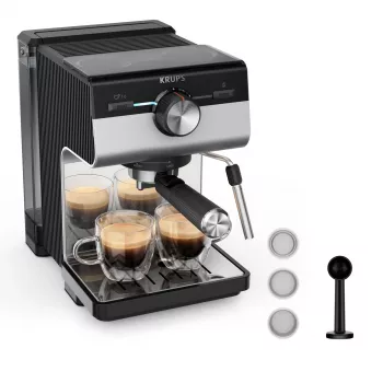 Kafijas automāts KRUPS XP384E10 — daļēji automātisks, 2 L ūdens tvertne, 2 krūzēm, melns/nerūsējošais tērauds
