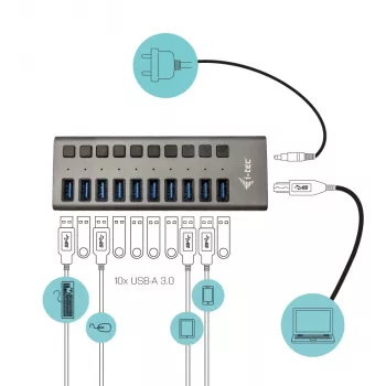 i-tec USB 3.0 uzlādes HUB 10 porti + 48 W barošanas adapteris