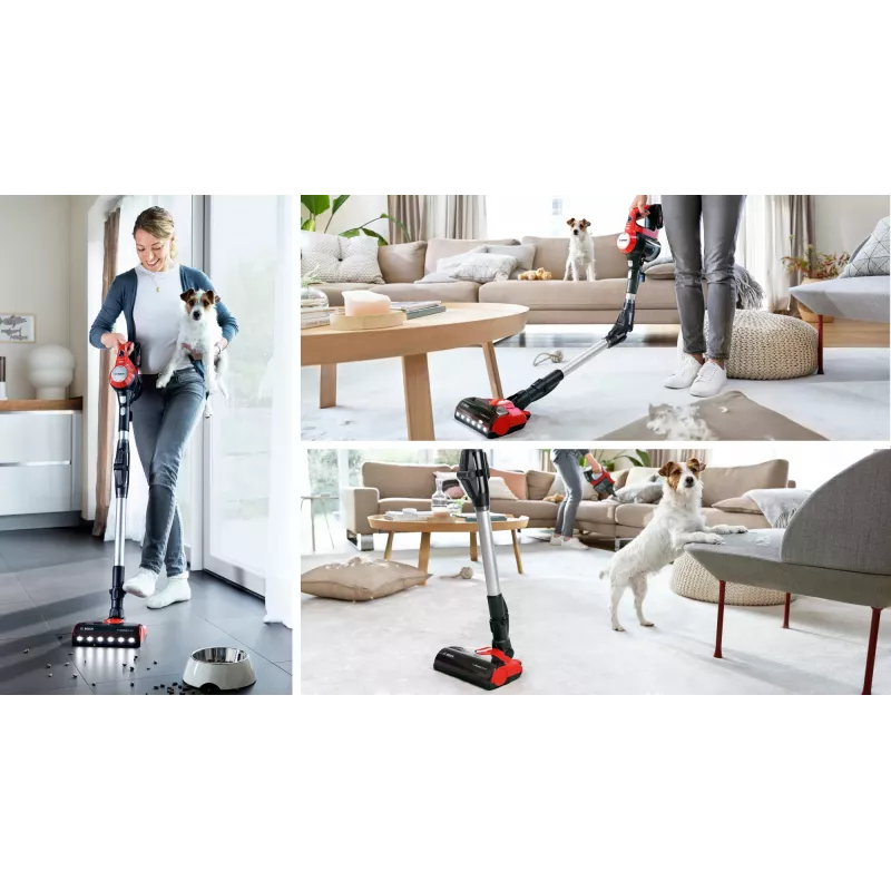 Bosch BCS711PET bezvadu stick putekļsūcējs, 18V, 3Ah, bezmaiss, 0.3L, melns/sarkans