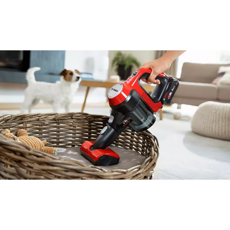 Bosch BCS711PET bezvadu stick putekļsūcējs, 18V, 3Ah, bezmaiss, 0.3L, melns/sarkans