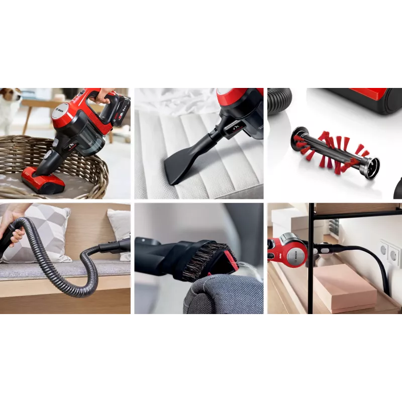 Bosch BCS711PET bezvadu stick putekļsūcējs, 18V, 3Ah, bezmaiss, 0.3L, melns/sarkans