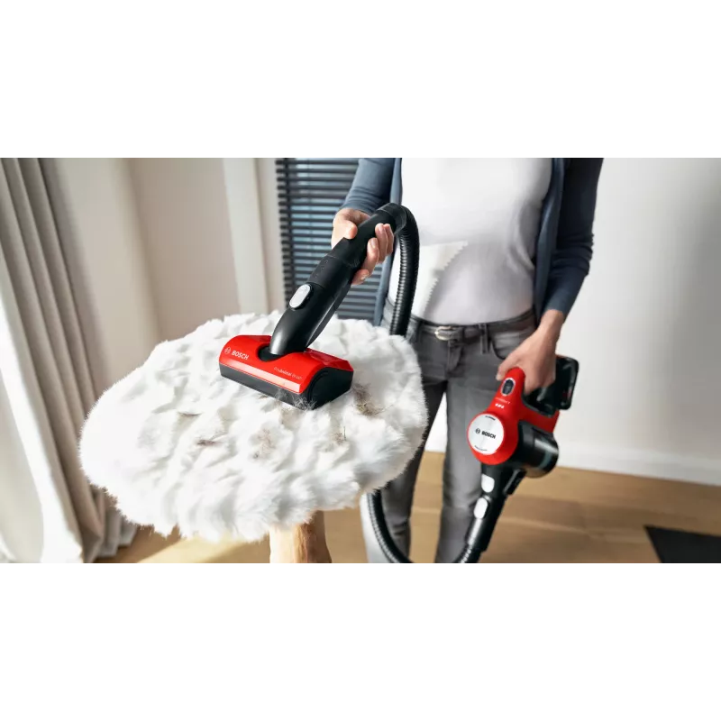 Bosch BCS711PET bezvadu stick putekļsūcējs, 18V, 3Ah, bezmaiss, 0.3L, melns/sarkans