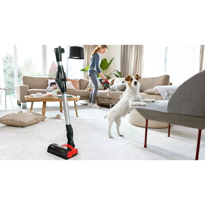 Bosch BCS711PET bezvadu stick putekļsūcējs, 18V, 3Ah, bezmaiss, 0.3L, melns/sarkans