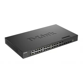 D-Link Layer 3 Stackable 10 Gigabit pārvaldāms slēdzis, 24 porti Fast Ethernet (10/100), 4x 25G SFP28 augšupsaites, pilns duplekss, stiprināms statīvā