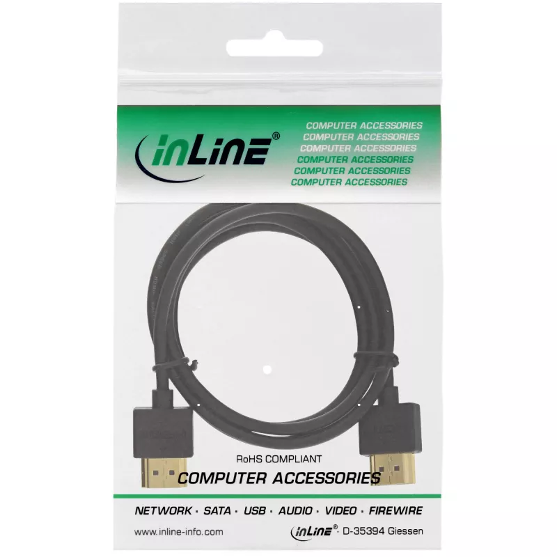 InLine High Speed HDMI kabelis ar Ethernet, AM/AM, super plāns, melns/zelta, 0,5m