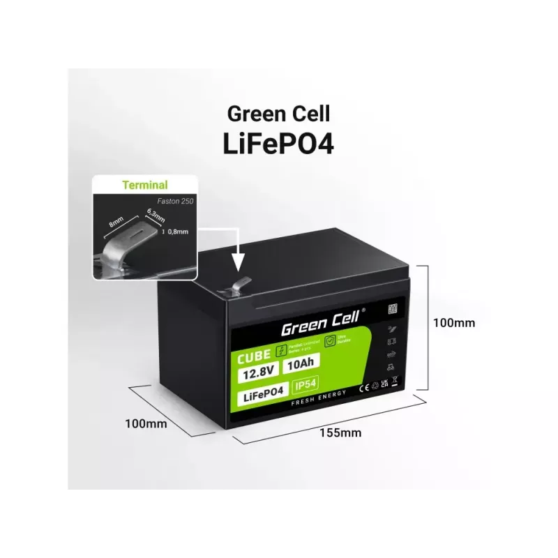 Rūpnieciskā akumulatora baterija Green Cell LFPGC12V10AH 12.8V 10Ah LiFePO4, 155x100x100 mm, 2 kg