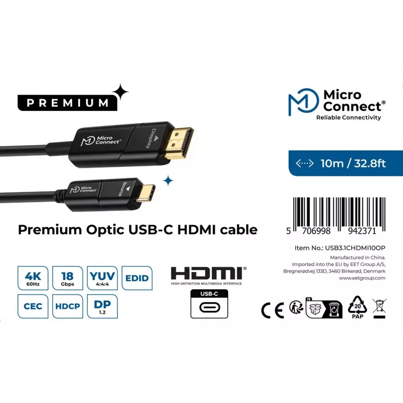 Microconnect USB3.1CHDMI10OP aktīvais optiskais video kabelis 10 m USB Type-C – HDMI melns
