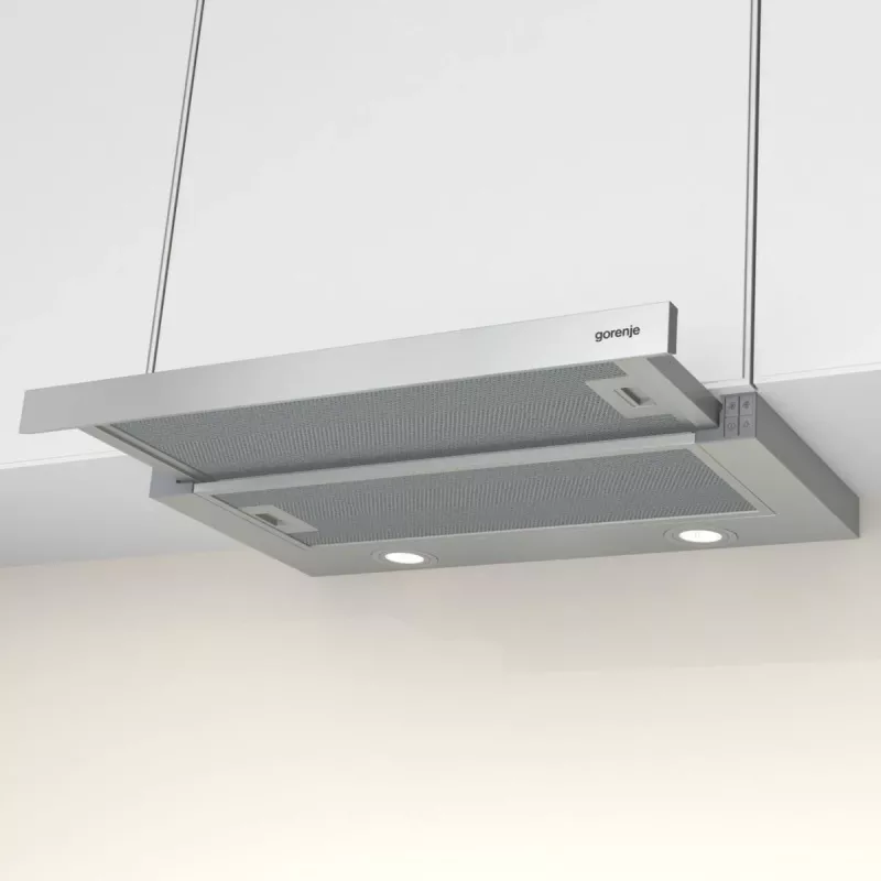 Gorenje TH62E4X daļēji iebūvējams (izvelkams) tvaika nosūcējs, nerūsējošais tērauds, 450 m³/h