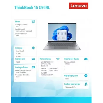 Lenovo ThinkBook 16 G9 IRL 21US007PPB 16 collu WUXGA IPS klēpjdators, Intel Core 7 240H, 16GB RAM, 512GB SSD, Intel Graphics, Windows 11 Pro