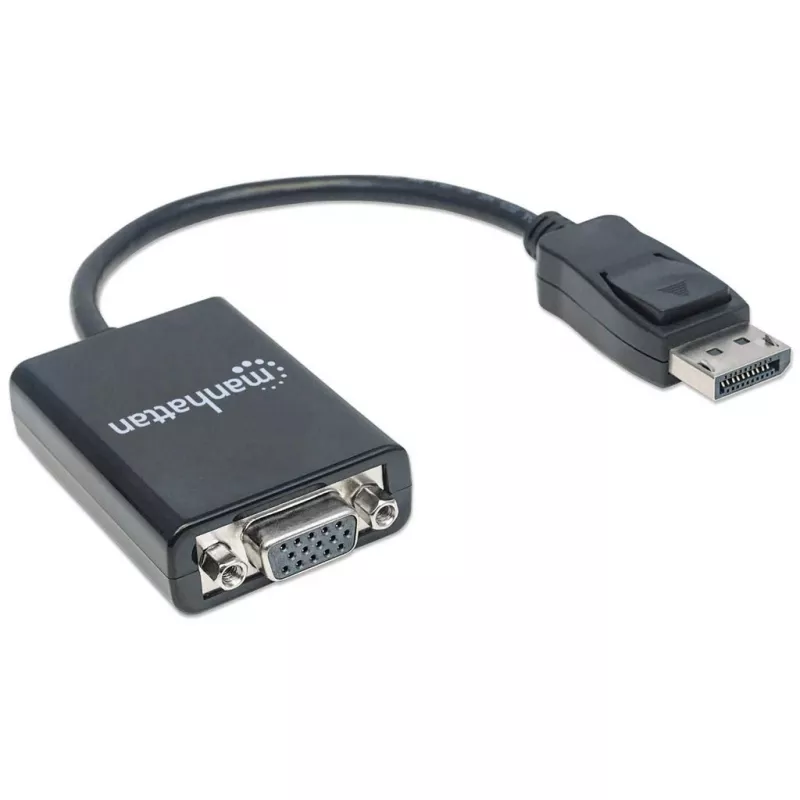 Manhattan DisplayPort uz VGA HD15 pārveidotāja kabelis, 15 cm, vīrietis uz sievieti, aktīvs, DP ar fiksatoru, melns, mūža garantija