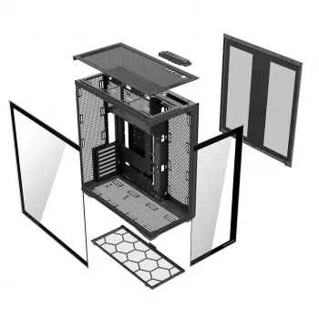 MODECOM Volcano SPACE XL NF — pilna torņa PC korpuss melns, rūdīts stikls, ARGB, atbalsta micro-ATX, līdz 44 cm GPU, 3×3.5 collu/4×2.5 collu sloti, USB-A 2×, USB-C 1×
