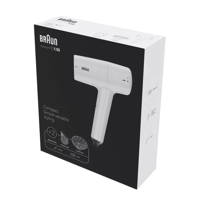 Fēns BRAUN HD1.55 — 1800 W, 2 sildīšanas līmeņi, Cool shot, 1.8 m vads, Balts