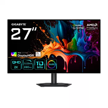 GIGABYTE MO27Q28G 27 collu OLED QHD spēļu monitors - 2560 x 1440, 280Hz, 0.03ms, 335 cd/m², Display HDR True Black 500, HDMI 2.1, Displayport 1.4