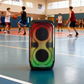 Skaļruņu sistēma BLAUPUNKT PB60X — 120W RMS, Bluetooth A2DP, FM, LED displejs, 7000mAh akumulators, 18h, AUX, tālvadība, 568×322×321 mm