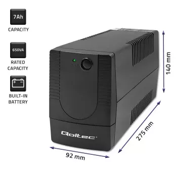 Nepārtrauktās barošanas avots QOLTEC 53773 0.85 kVA (480 W) Line-Interactive, 1x E tipa kontaktligzda, 7 Ah akumulators