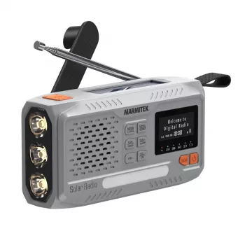 Portatīvais uztīšanas radio Marmitek RESQ 100 — DAB/DAB+/FM, 3 W, LCD, USB-C, 3.5 mm ligzda, gaiši pelēks